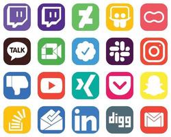 20 íconos de redes sociales de alta calidad como youtube. disgusto. iconos de video e instagram. conjunto de iconos de redes sociales degradado vector