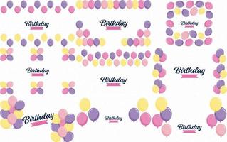 Happy Birthday in a playful. hand-drawn font with a background of balloons and confetti. vector