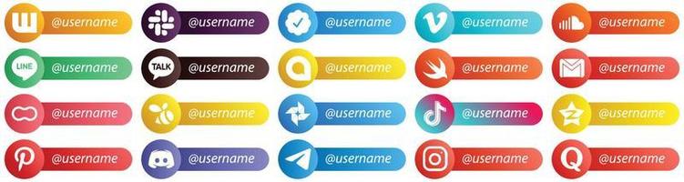 Card Style Icons for Popular Social Networks with Username 20 pack such as women. peanut. line. mail and gmail icons. Fully editable and unique vector