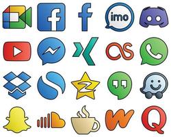 Filled Line Style Social Media Icons facebook. video. video. youtube and text 20 Editable icons vector