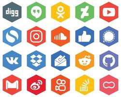 Señal de 20 elegantes iconos blancos. meta. fondos de color plano hexagonal de facebook y música vector