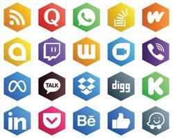 conjunto de iconos blancos de color plano hexagonal como viber. Desbordamiento. iconos de google duo y twitch. 25 iconos elegantes vector