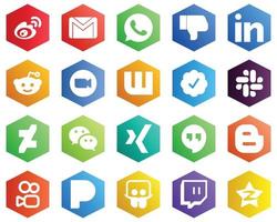 conjunto de iconos blancos de color plano hexagonal como wattpad. reunión. disgusto. iconos de video y reddit. 25 iconos modernos vector