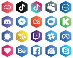 25 Clean White Icons such as messenger. text. myspace and message icons. Hexagon Flat Color Backgrounds vector