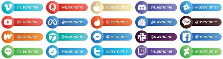 20 Follow me Social Network Platform Icons with Username such as inbox. facebook. message. meta and youtube icons. Fully customizable and professional vector