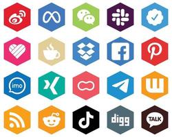 20 elegantes iconos blancos de facebook. flojo. dropbox y transmisión de fondos de color plano hexagonal vector