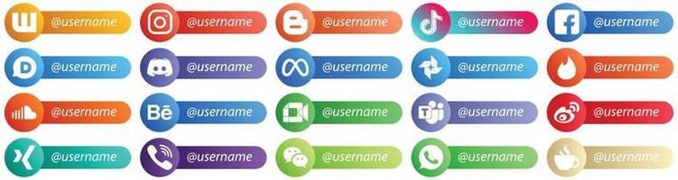 20 iconos de estilo de tarjeta de plataforma de red social sígueme de alta calidad, como texto. discordia. video. iconos disqus y fb. totalmente personalizable y de alta calidad vector