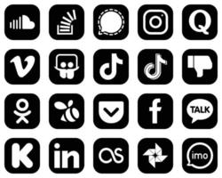 20 íconos premium de redes sociales en blanco sobre fondo negro como slideshare. vimeo iconos de mensajero y pregunta. elegante y único vector