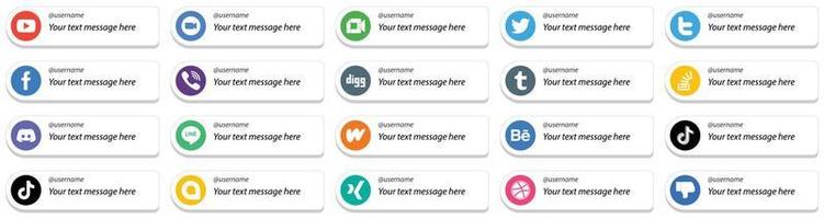 20 estilos de tarjeta con estilo sígueme íconos de redes sociales con opción de mensaje personalizado como digg. Rakuten. iconos de viber y fb. creativo y profesional vector