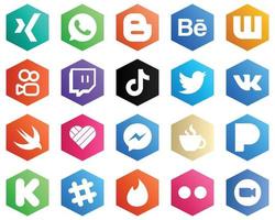 Hexagon Flat Color White Icon Collection such as likee. vk. tiktok and tweet icons. 25 Simple Icons vector