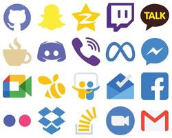 20 íconos planos de redes sociales para un meta diseño minimalista. Rakuten. transmisión. iconos de viber y texto. conjunto de iconos de degradado único vector