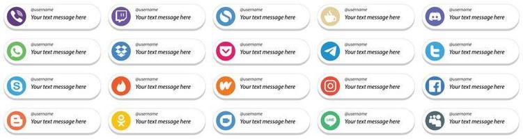 20 Social Media Platform Card Style Follow Me Icons with Customizable Message such as telegram. discord. pocket and whatsapp icons. Fully customizable and professional vector