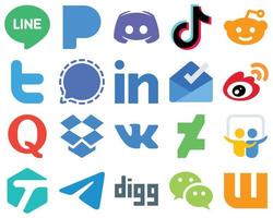 20 Flat Social Media Icons for a Minimalistic Design linkedin. mesenger. video. signal and twitter icons. Unique Gradient Icon Set vector