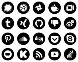 20 iconos de medios sociales blancos limpios sobre fondo negro como sina. Facebook. encuentro de google no me gusta y xing iconos. versátil y de alta calidad vector