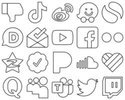 20 iconos de redes sociales de contorno negro innovadores y profesionales como Facebook. Youtube. Sina. bandeja de entrada e iconos simples. minimalista y de alta resolución vector