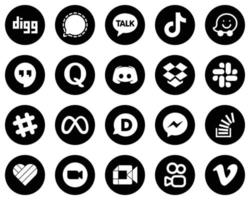 20 High-Quality White Social Media Icons on Black Background such as message. china. discord and quora icons. Fully editable and unique vector