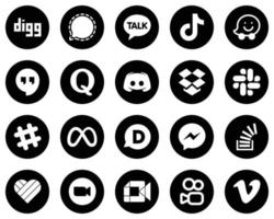 20 íconos de medios sociales blancos de alta calidad sobre fondo negro, como mensajes. China. iconos de discordia y quora. completamente editable y único vector