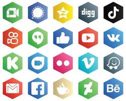 Hexagon Flat Color White Icon Pack such as like. kuaishou and video icons. 25 Unique Icons vector