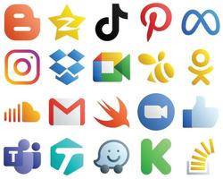 20 Gradient Icons for Top Social Media Platforms such as google meet. china. meta and facebook icons. Minimalist and professional vector