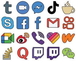 20 Attractive Line Filled Social Media Icons such as chat. tiktok and streaming High-resolution and eye-catching vector