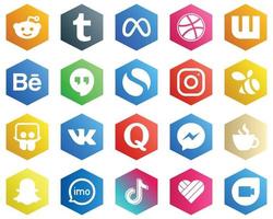 Hexagon Flat Color White Icon Set such as messenger. quora. simple. vk and swarm icons. 25 Professional Icons vector