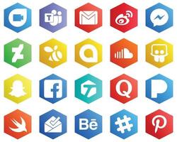 25 iconos blancos limpios como el sonido. google allo. China. iconos de enjambre y fb. fondos de color plano hexagonal vector