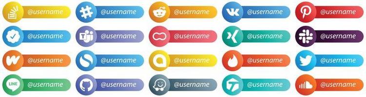 20 Follow me Social Network Platform Icons with Username such as literature. slack. twitter verified badge. xing and mothers icons. High definition and versatile vector