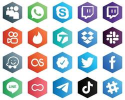 colección de iconos blancos de color plano hexagonal como facebook. buzón. iconos de insignia verificados de tweet y twitter. 25 iconos de alta calidad vector