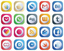 20 Cute 3D Gradient Simple Social Media Icons such as feed. dribbble. behance. likee and wattpad icons. Editable and High-Resolution vector