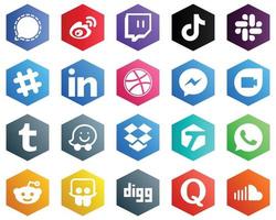 25 Fresh White Icons such as dribbble. linkedin. tiktok and spotify icons. Hexagon Flat Color Backgrounds vector