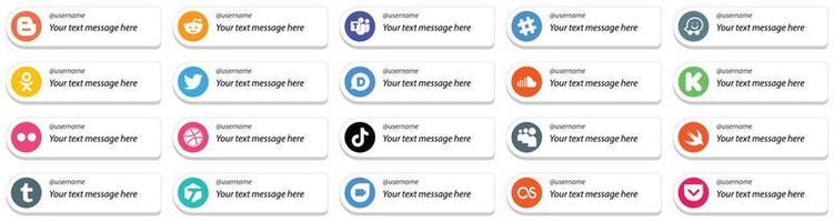 20 estilos de tarjeta únicos Sígueme íconos de redes sociales con mensajes personalizables como yahoo. fondos. gorjeo. kickstarter e iconos de sonido. llamativo y de alta definición vector