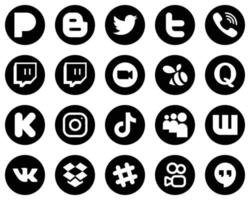 20 iconos profesionales de medios sociales blancos sobre fondo negro, como la financiación. pregunta. iconos de contracción y quora. editable y de alta resolución vector