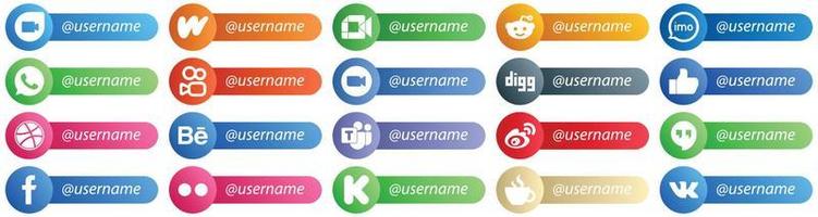 Follow me Social Network Platform Icons with Username 20 pack such as digg. meeting. audio. video and kuaishou icons. High resolution and fully customizable vector