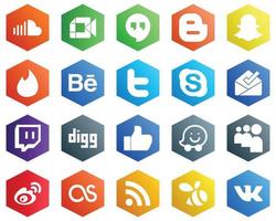 25 Minimalistic White Icons such as twitch. chat. blog. skype and twitter icons. Hexagon Flat Color Backgrounds vector