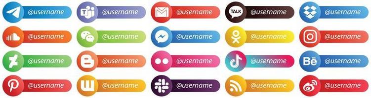 Card Style Follow Me Social Media Platform Icon Set 20 icons such as fb. messenger. kakao talk. messenger and music icons. Versatile and professional vector