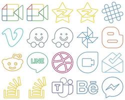 20 Professional Colourful Outline Social Media Icons Set such as inbox. dribbble. video. line and blog Customizable and unique vector