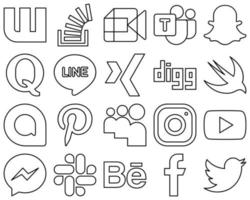 20 íconos de redes sociales de contorno negro diseñados profesionalmente, como Google Allo. cavar equipo de Microsoft iconos de xing y pregunta. totalmente editable y profesional vector