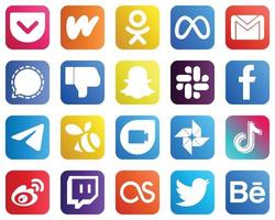 Complete Social Media Icon Pack 20 icons such as fb. slack. mail. snapchat and dislike icons. High resolution and fully customizable vector