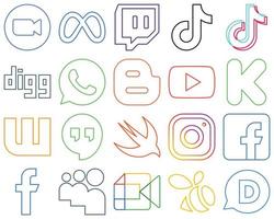 20 Professional Colourful Outline Social Media Icons Set such as video. blog. douyin. blogger and digg Customizable and unique vector