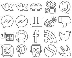 20 High-Quality Black Line Social Media Icons such as digg. dislike. facebook and sina icons. Editable and high-resolution vector