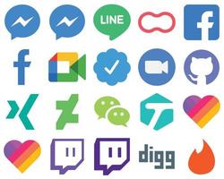 20 video de iconos de redes sociales planos de interfaz de usuario plana. iconos fb y zoom. paquete de iconos degradados vector