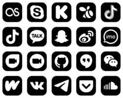 20 íconos de medios sociales blancos de alta resolución sobre fondo negro como imo. China. video. iconos de sina y snapchat. limpio y profesional vector