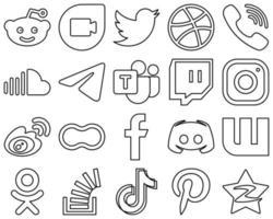 20 iconos de redes sociales de línea negra personalizables y de alta resolución, como Instagram. nube de sonido iconos de equipo y messenger de microsoft. llamativo y editable vector