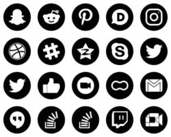 20 iconos simples de medios sociales blancos sobre fondo negro como facebook. Pío. spotificar iconos de twitter y skype. totalmente personalizable y profesional vector