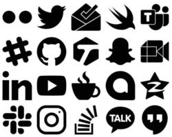 20 Modern Black Solid Glyph Icons such as youtube. linkedin. spotify and google meet icons. High-definition and unique vector