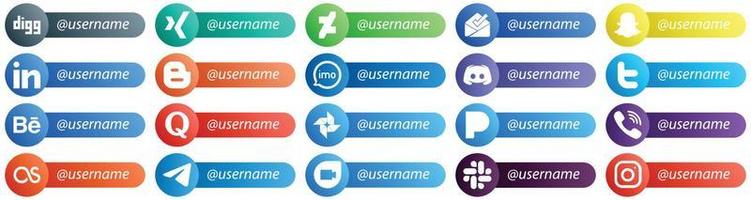 estilo de tarjeta sígueme íconos para las principales redes sociales 20 pack como twitter. texto. iconos de blog y mensajes. limpio y minimalista vector