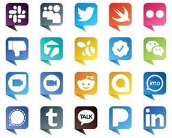 iconos de estilo de burbuja de chat del paquete de 20 de las mejores redes sociales, como reuniones. zoom. Facebook. iconos de google duo y wechat. versatil y profesional vector