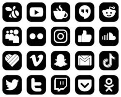 20 High-Definition White Social Media Icons on Black Background such as sound. facebook. myspace. like and meta icons. Professional and clean vector