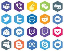 Hexagon Flat Color White Icon Collection audio. overflow. imo and twitter 20 Simple Icons vector