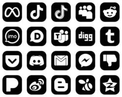 20 íconos simples de redes sociales en blanco sobre fondo negro como tumblr. iconos del equipo reddit y microsoft. totalmente personalizable y profesional vector